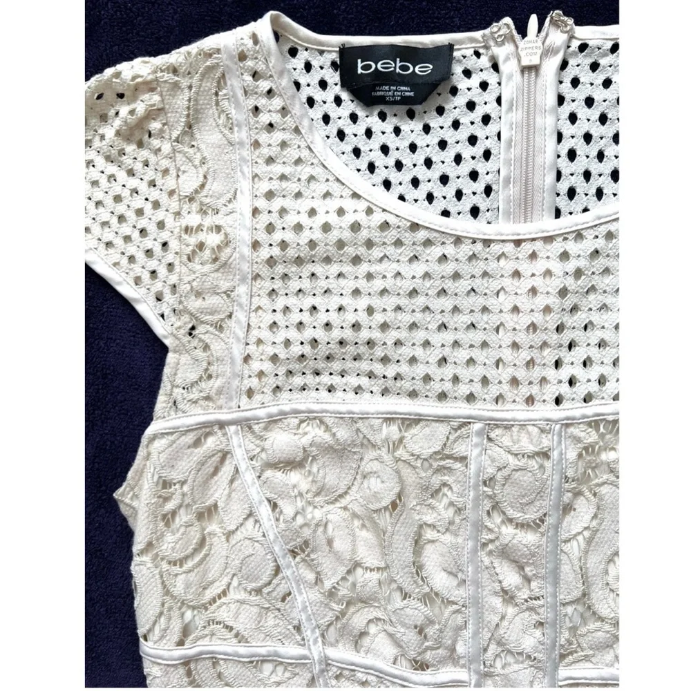 Bebe Beige Cap Sleeves Semi Sheer Crochet Top XS - Picture 4 of 10
